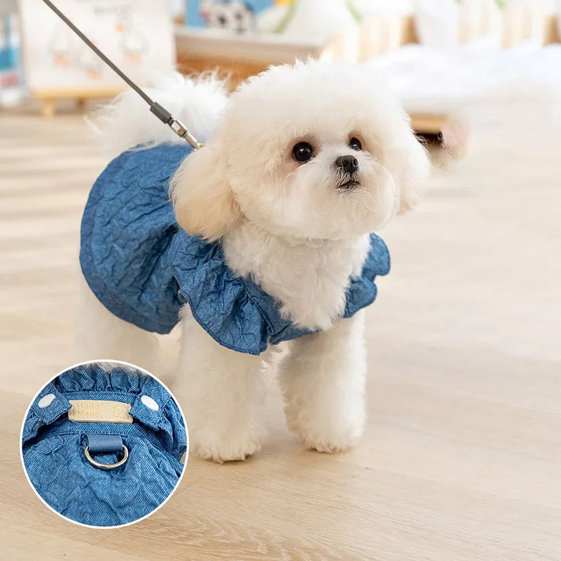 Denim Dog Dress for Small Dogs Leash Ring Blue Chihuahua