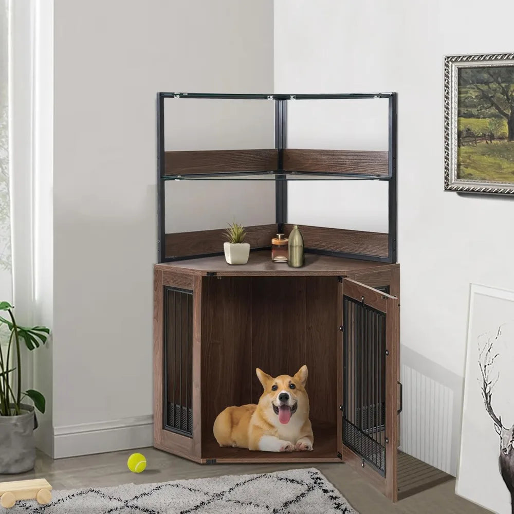Small Corner Dog Crate Furniture with Glass Shelves Wooden Dog Kennel Indoor Use Brown