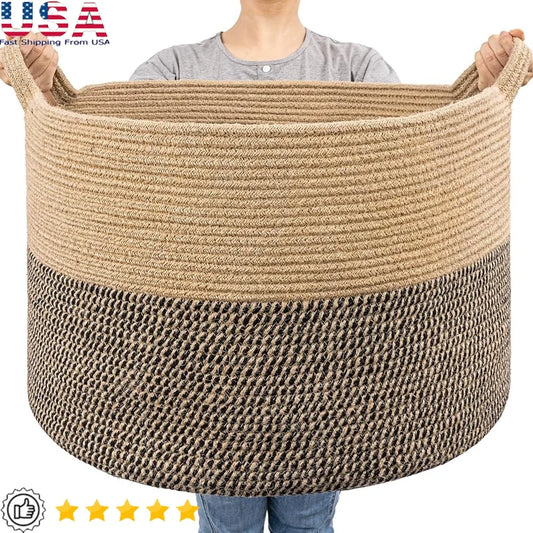 Extra Large Wicker Storage Basket 83L Round Jute Laundry Basket Woven Blanket Organizer Large Capacity Baskets with Handles