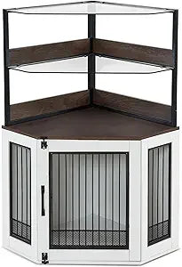Small Corner Dog Crate Furniture with Glass Shelves Wooden Dog Kennel Indoor Use Brown