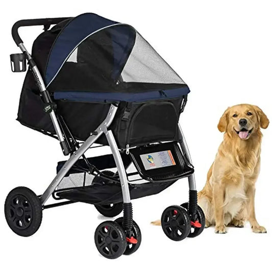 Heavy Duty Dog Cat Stroller With Convertible Compartment Reversible Entry And Brake System For Travel And Shopping