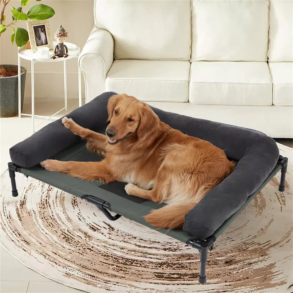 BINGOPAW Outdoor Elevated Dog Bed Cooling Raised Pet Lounger Mesh Cot Sleep Camping Bed with Detachable Plush Bolster