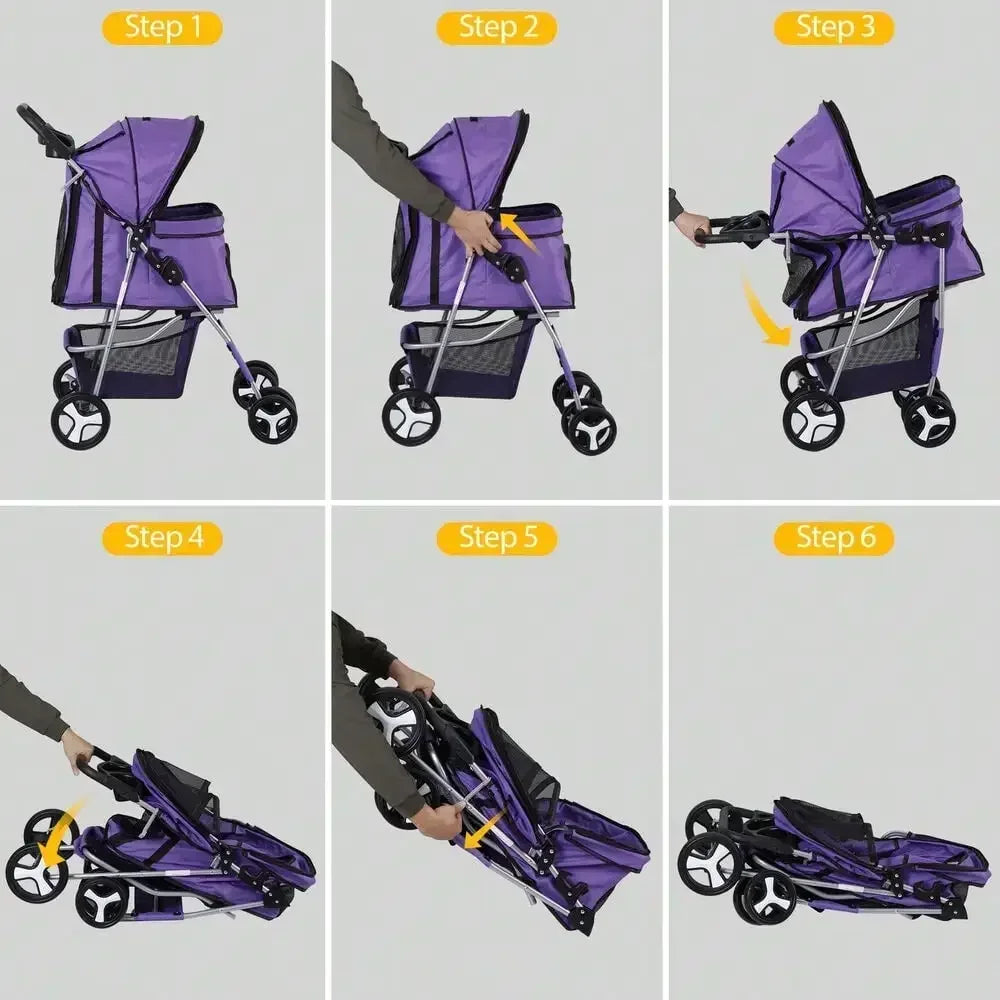 Foldable Pet Stroller 4-Wheels Dog Cat Stroller with Basket & Cup Holder Purple