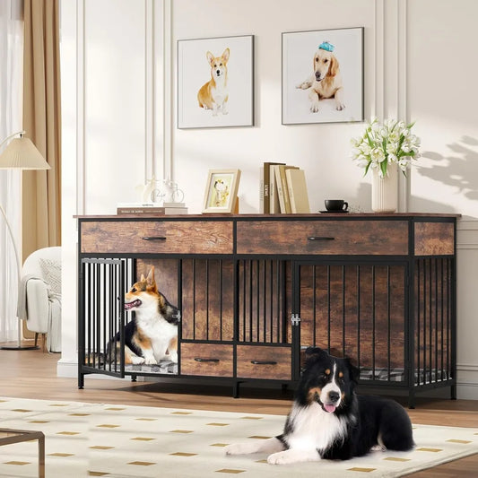 Double Dog Crate Furniture With Feeder Storage Large Breed