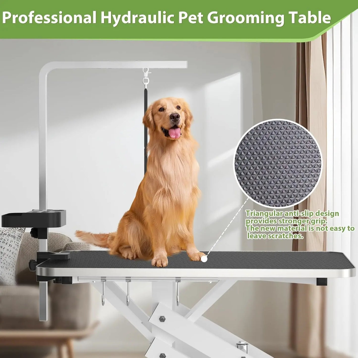Hydraulic Pet Grooming Table with Anti Static Table Top Heavy Duty Z Lift Dog Grooming Table Adjustable Height 21 to 36 Inches with Armrests and Leash Covers 330 Pounds Capacity