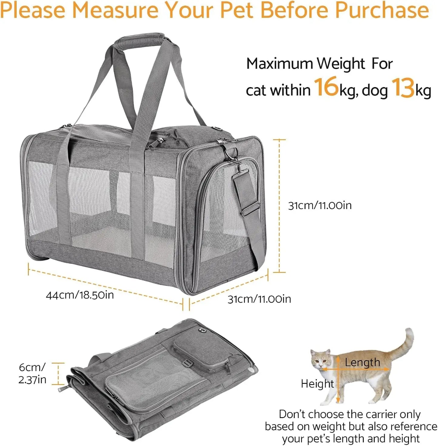 Airline Approved Pet Carrier for Cats and Dogs Soft Travel Bag Breathable Honeycomb Board Removable Support for Car and Air Travel