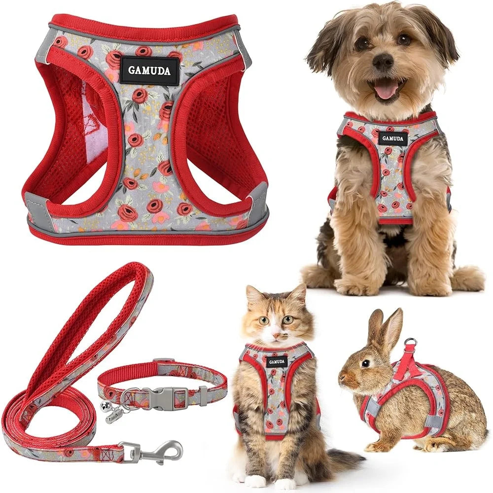 Adjustable Small Dog Harness Collar Leash Set No Pull Soft Mesh Reflective Vest with ID Tag