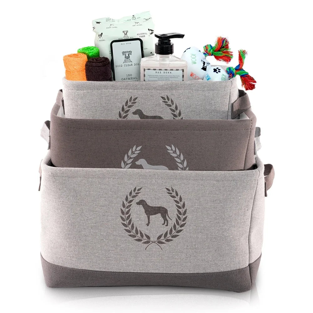 Linen Dog Storage Bins Set of 3 Eco-Friendly Pet Organizers for Toys Treats Leashes Collars Medicine and Grooming Tools