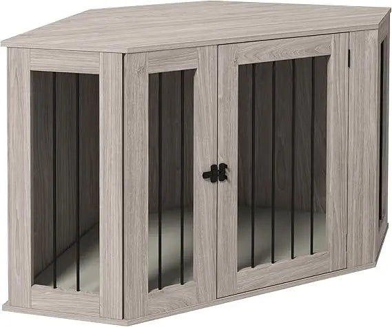Corner Dog Crate Furniture, End Table Dog Kennel Furniture with Cushion, Pet Crate for Large-Sized Dog Indoor Use, Walnut Brown