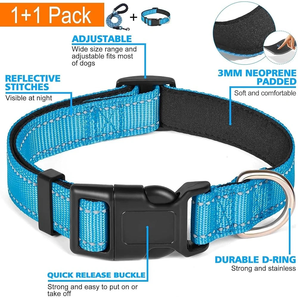 Adjustable Reflective Dog Collar Padded Neoprene Durable Nylon for Small Medium Large Dogs with Bonus 5ft Leash