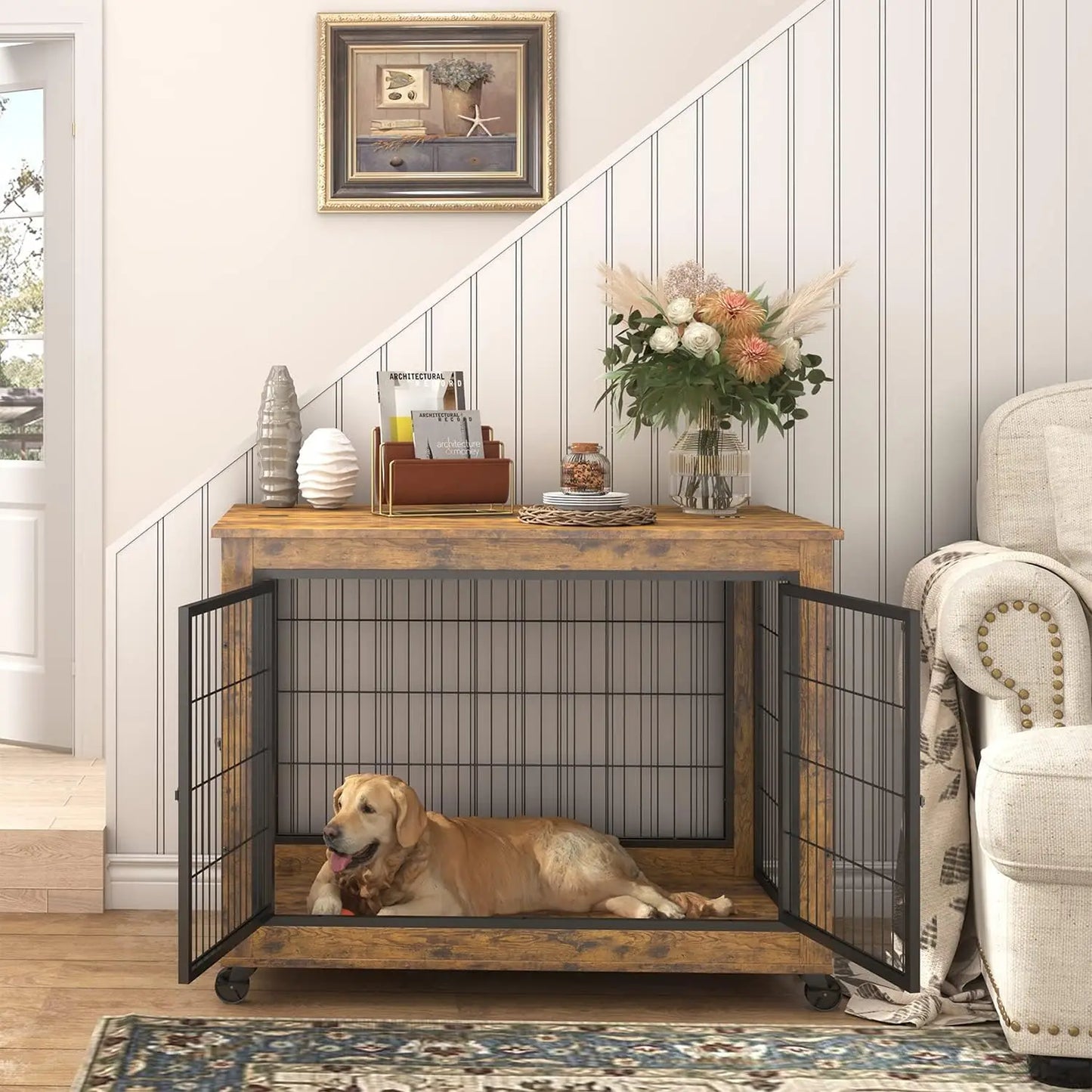 Dog Crate Furniture, Wooden Dog Crate Table, 31.5" Dog Kennel with 3 Doors, Flip-up Top Opening and Wheels