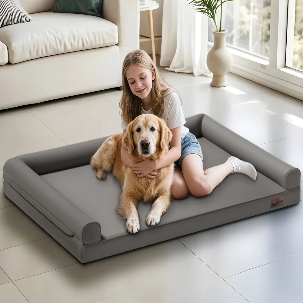 M XXL Orthopedic Dog Bed Bolster Microfiber Leather Sofa Style Waterproof Calming Bed With Removable Cover Easy Clean