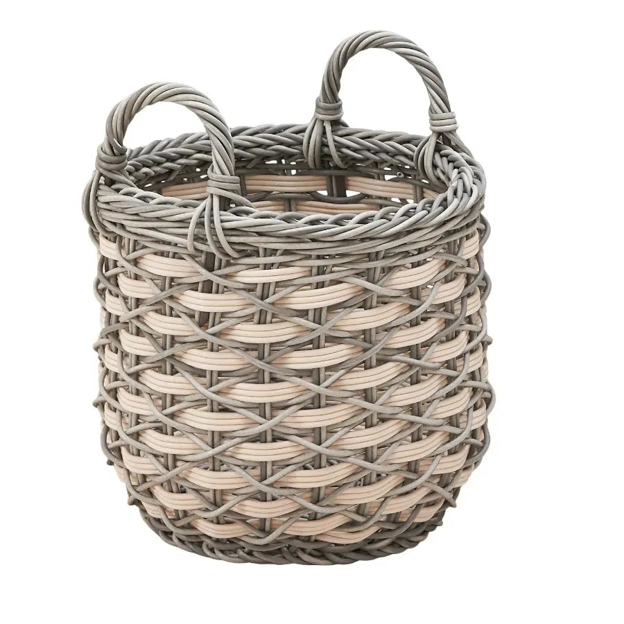 Zita Round Resin Woven Wicker Multi Use Storage Basket with Handles 18 Inch x 18 Inch x 19.6 Inch White Gray for Towel Toys Magazines