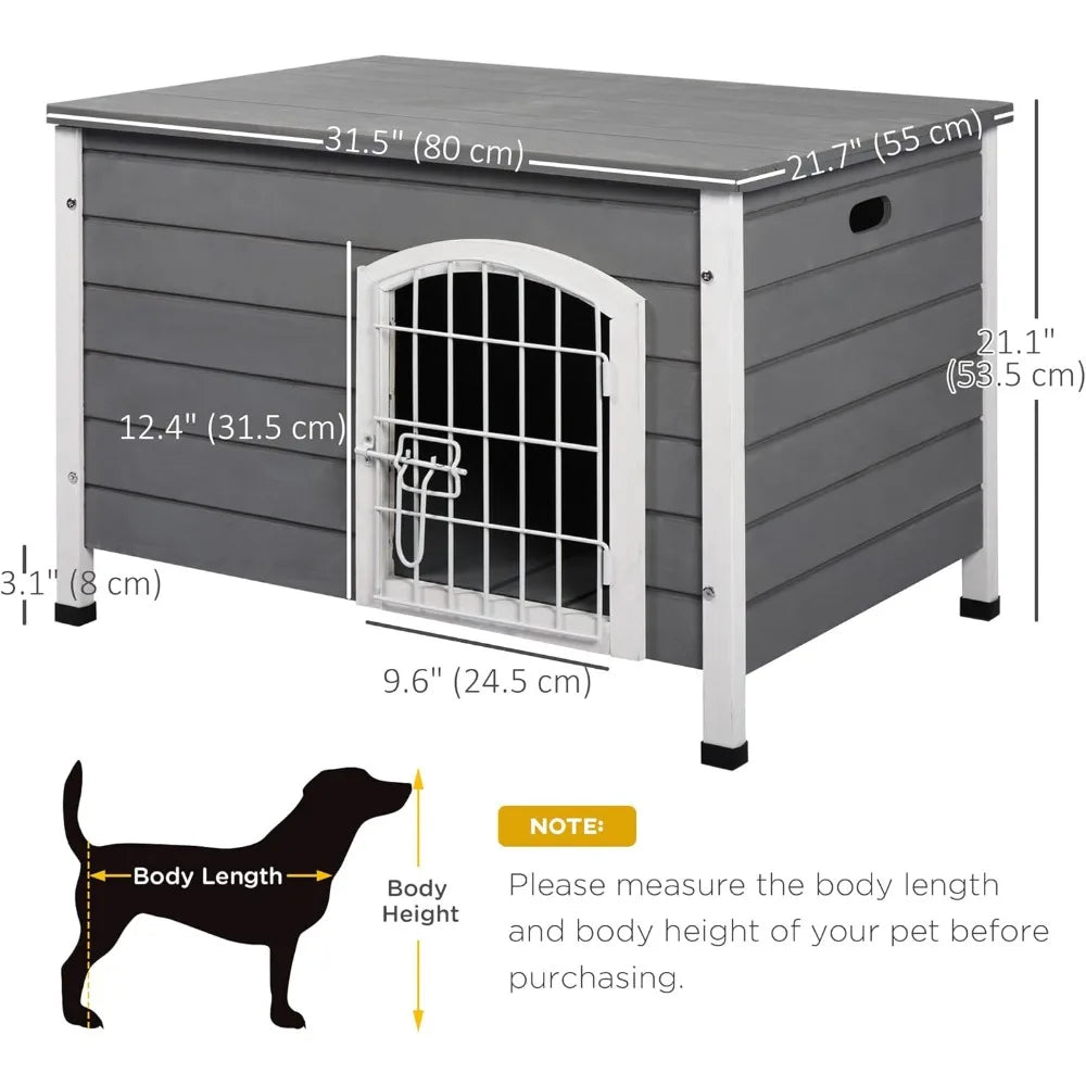 31 Inch Wooden Dog Cage Kennel With Wire Door And Lock Grey