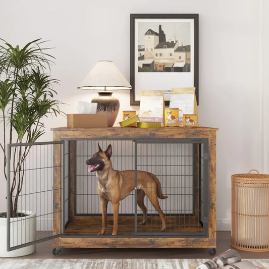 Angduo Wooden Dog Crate Table With 3 Doors Flip Up Top Opening And Wheels Decorative Pet Crate House