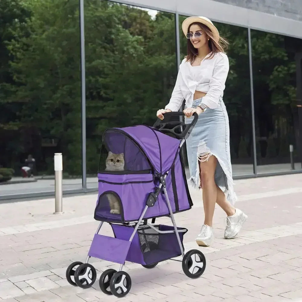 Foldable Pet Stroller 4-Wheels Dog Cat Stroller with Basket & Cup Holder Purple