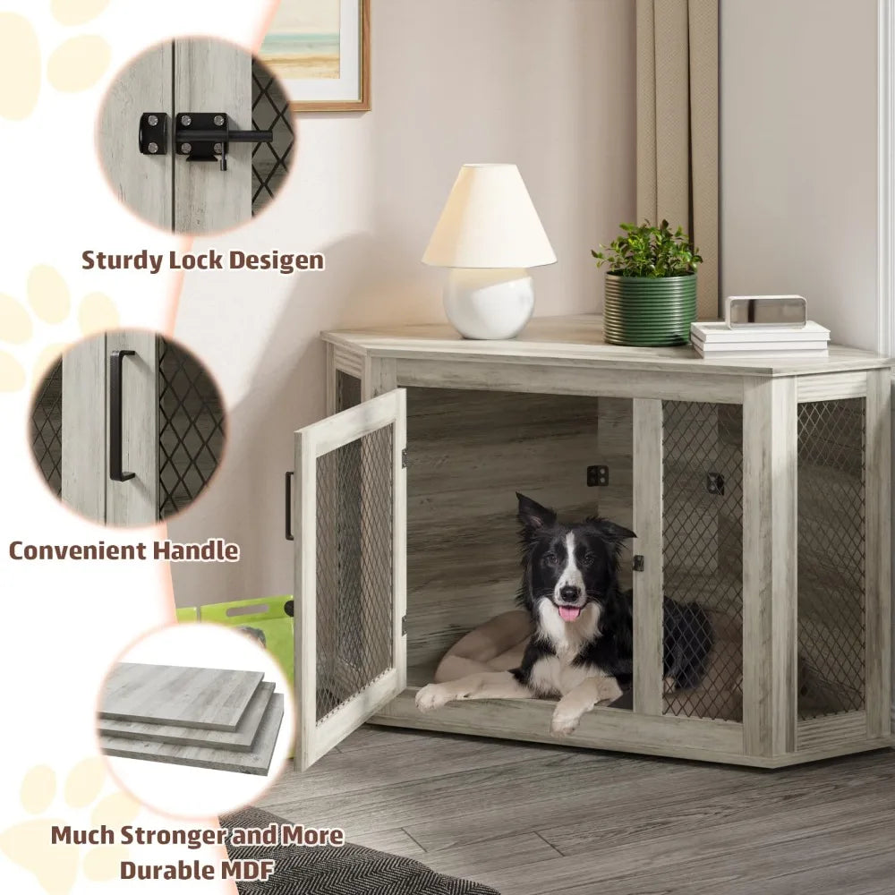 44 Inch Corner Dog Crate Furniture Wooden Kennel With Mesh