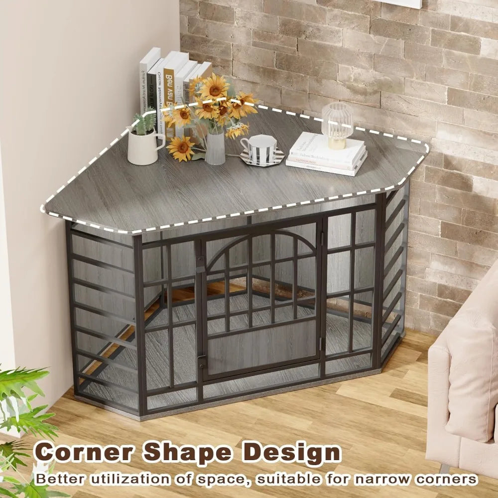 Corner Dog Crate Furniture 52 Inch Large Indoor Wooden End Table Modern Dog Cage Decorative Pet House TV Stand