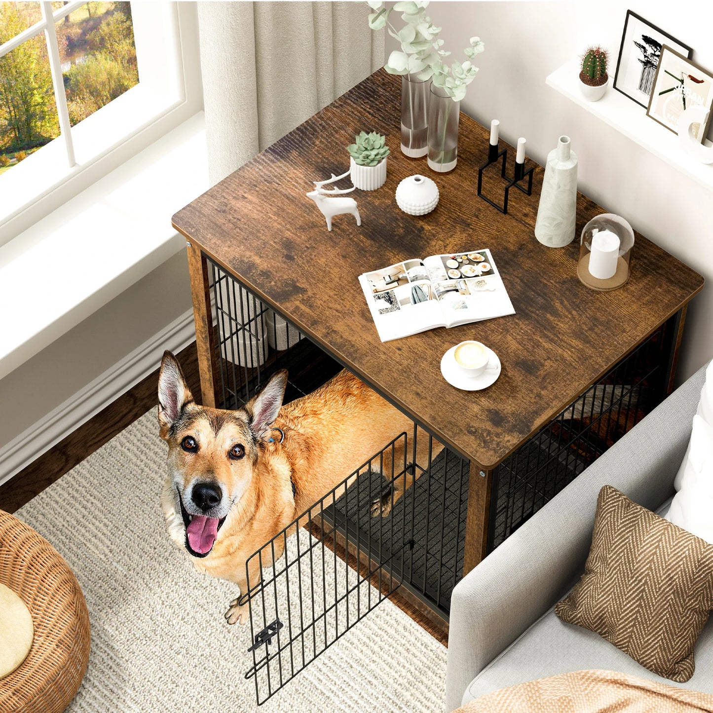 Spacious Dog Cage Furniture End Table Pet Kennel Crate Indoor Wooden Brown Medium and Large Dog Cage