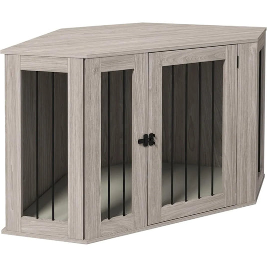 Corner Dog Crate Furniture, End Table Dog Kennel Furniture with Cushion, Pet Crate for Large-Sized Dog Indoor Use, Walnut Brown