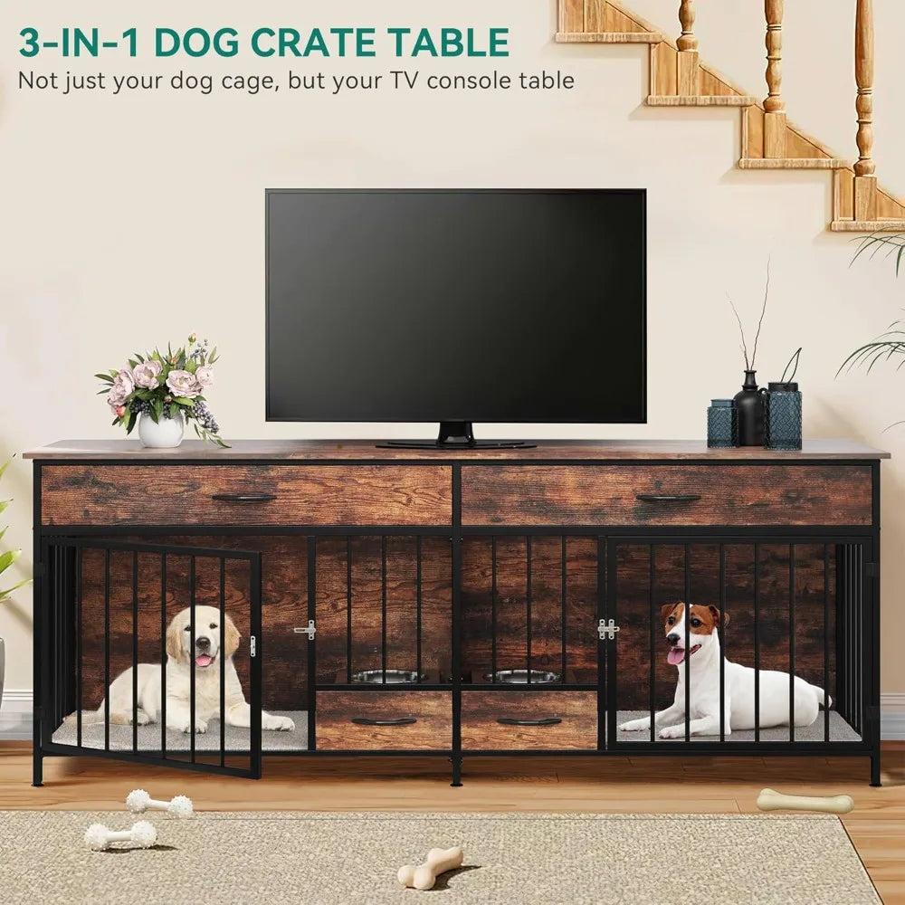 Double Dog Crate Furniture With Feeder Storage Large Breed