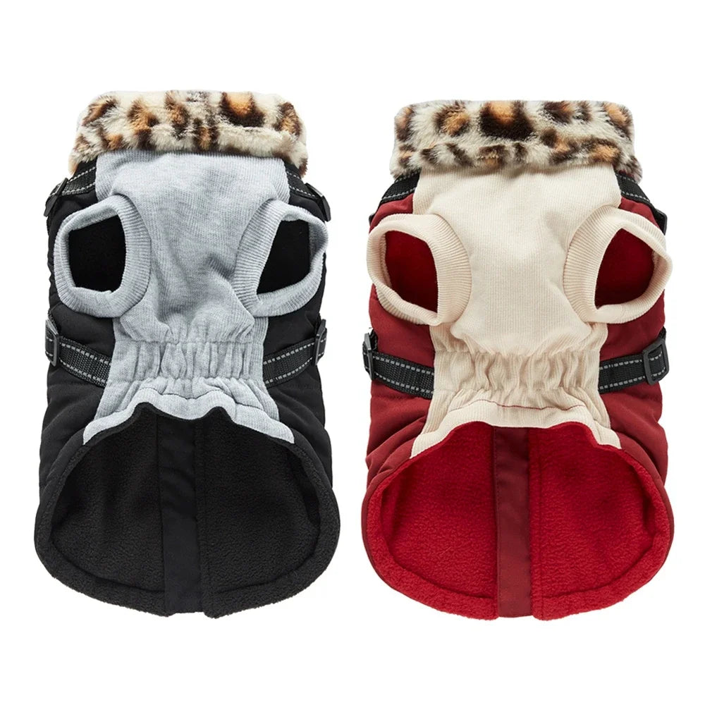 Winter Warm Dog Jacket With Harness Fur Collar For Dogs