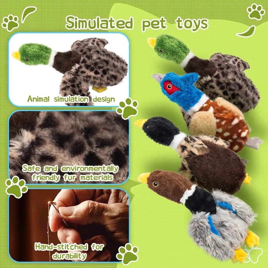 Dog Squeaky Toy Set 4 Pack Durable Plush Duck Pheasant Goose Soft Bird Chew Toys for Small and Medium Dogs