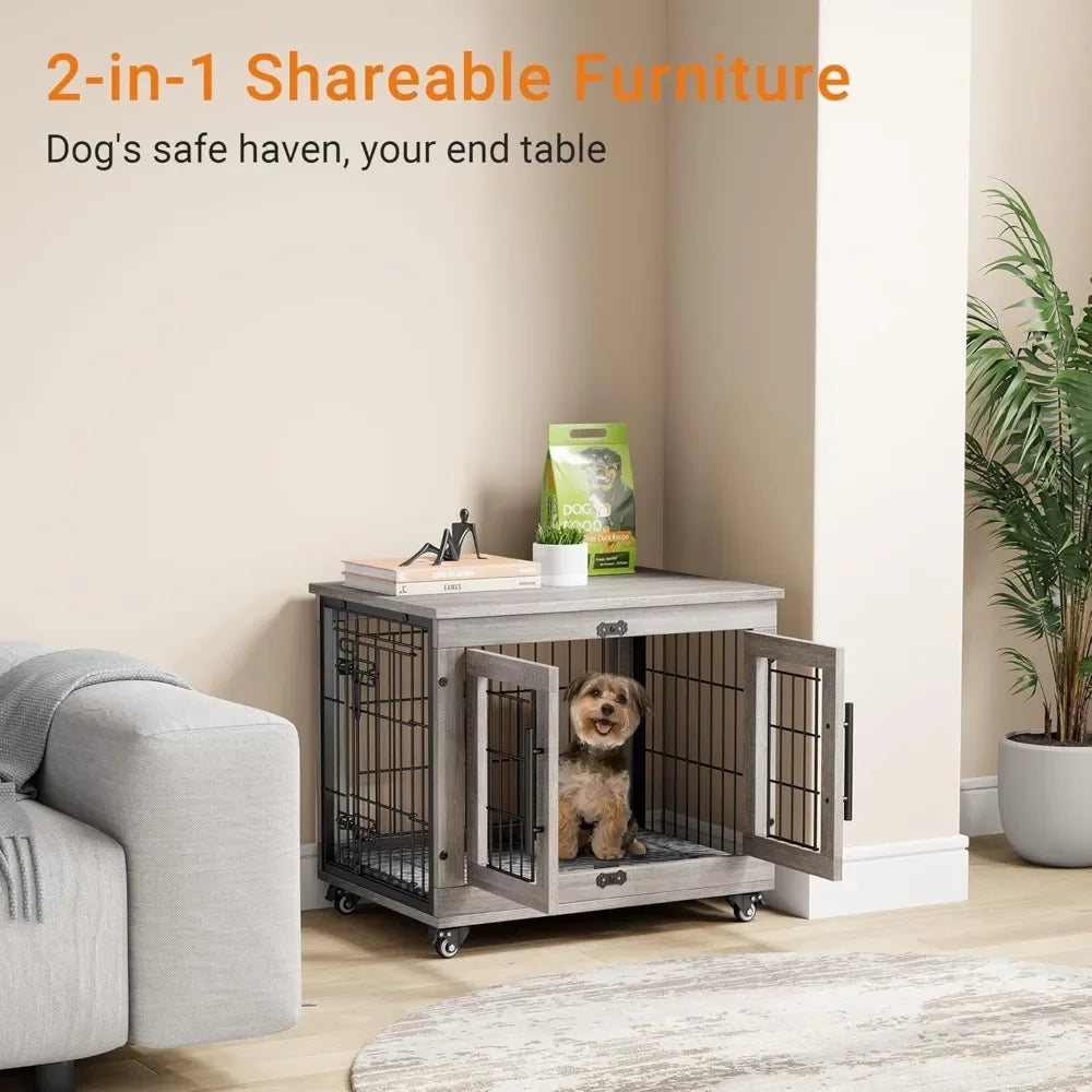 Indoor Wooden Dog Kennel With Cushion And Wheels End Table