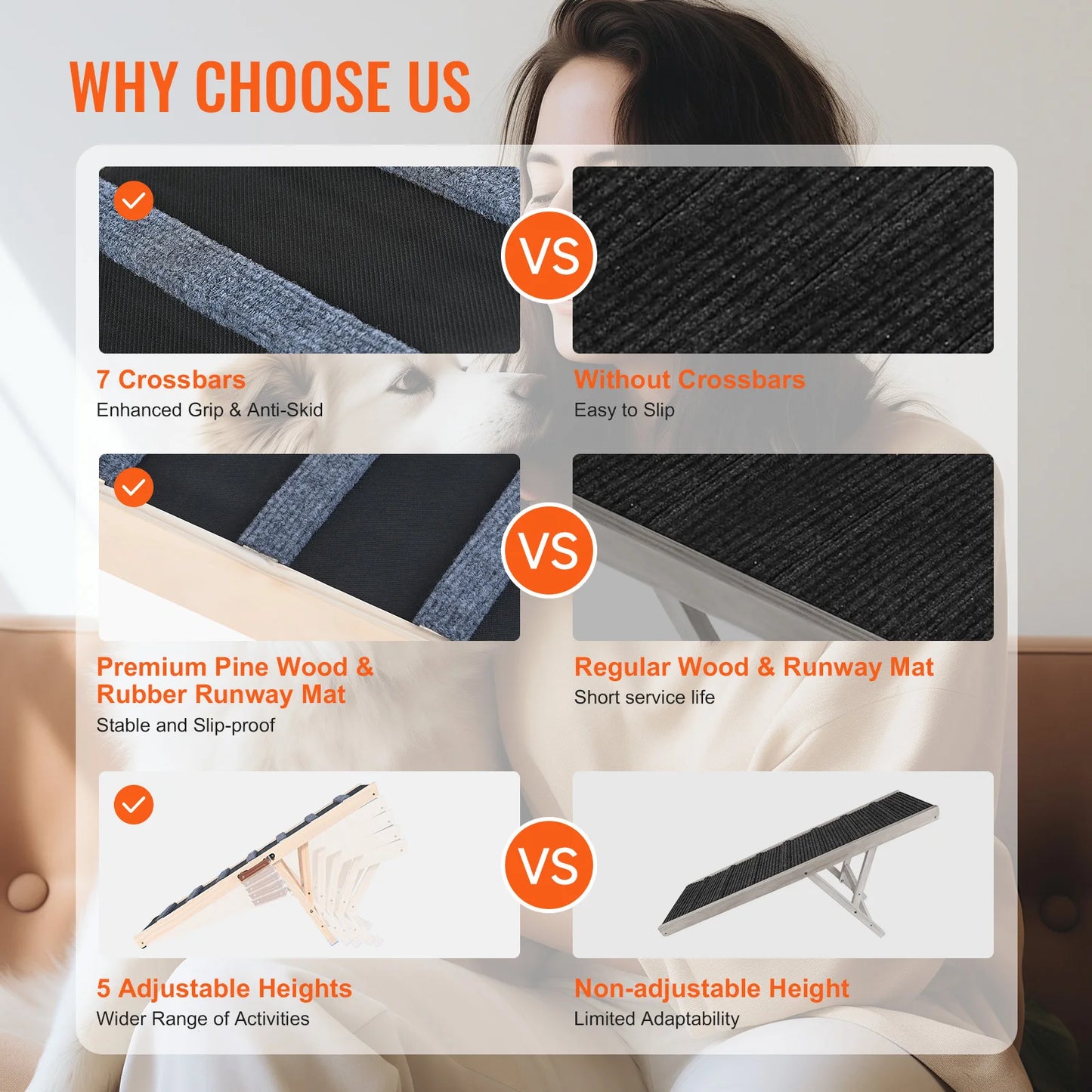 SucceBuy Dog Ramp Folding Ladder Anti Slip Adjustable Height Wooden Pet Ramp Removable For Small And Old Dogs