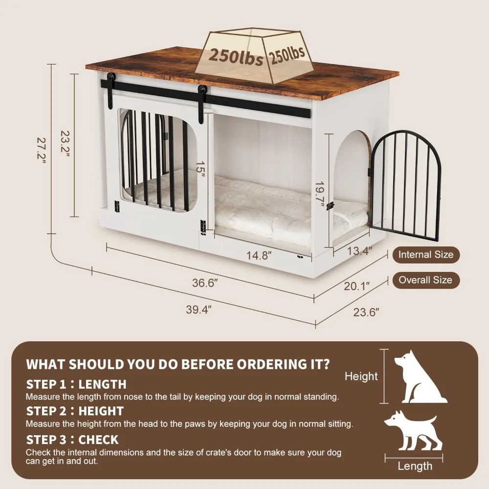 XL Dog Kennel Furniture Farmhouse Crate With Cushion Indoor White Thick Wooden Dog Cage 39.4 Inches