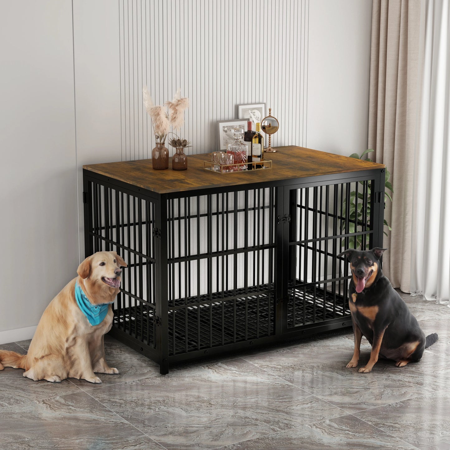 Furniture Style Extra Large Wooden Dog Cage Kennel End Side Table With Tray And 3 Doors For Medium To Large Dogs
