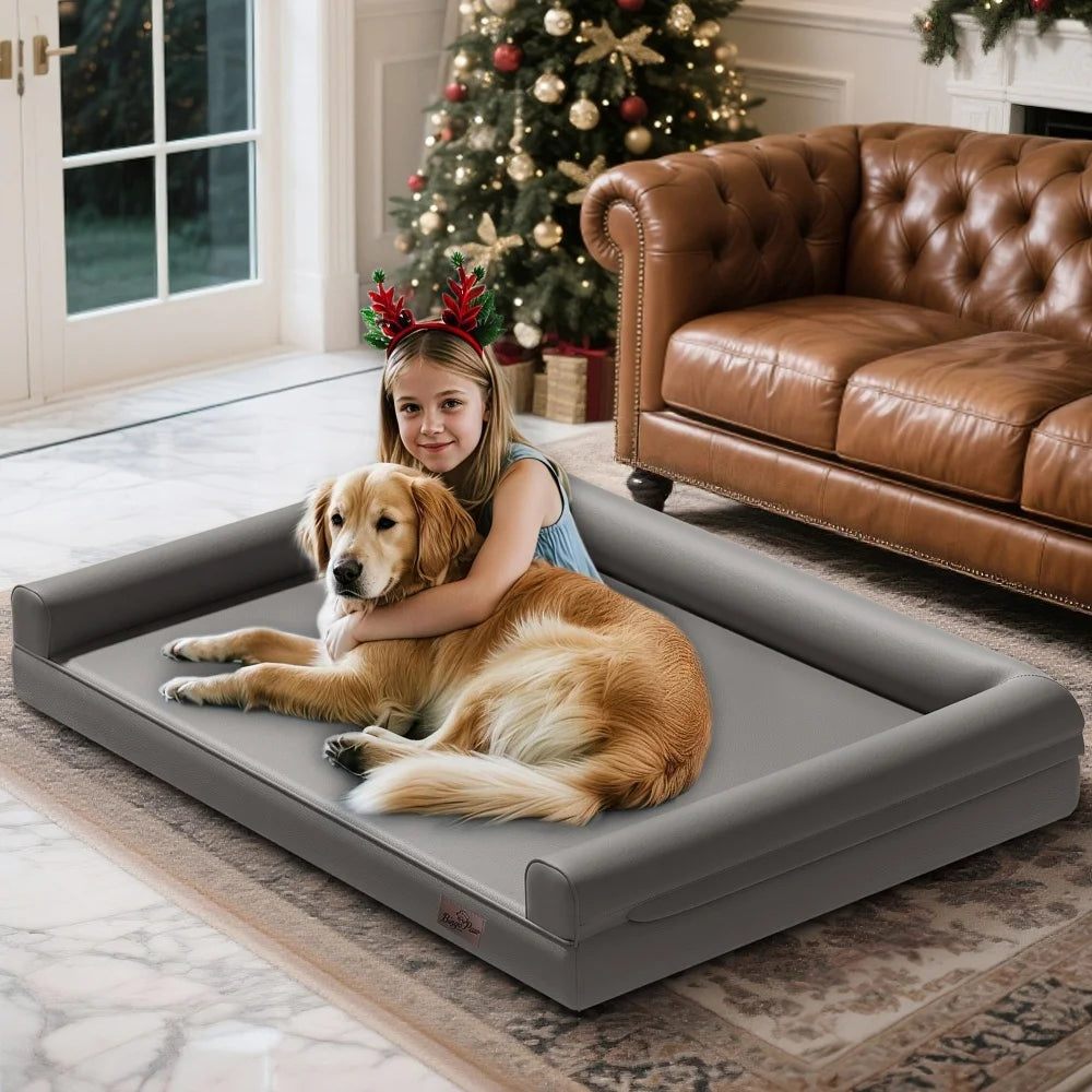 M XXL Orthopedic Dog Bed Bolster Microfiber Leather Sofa Style Waterproof Calming Bed With Removable Cover Easy Clean