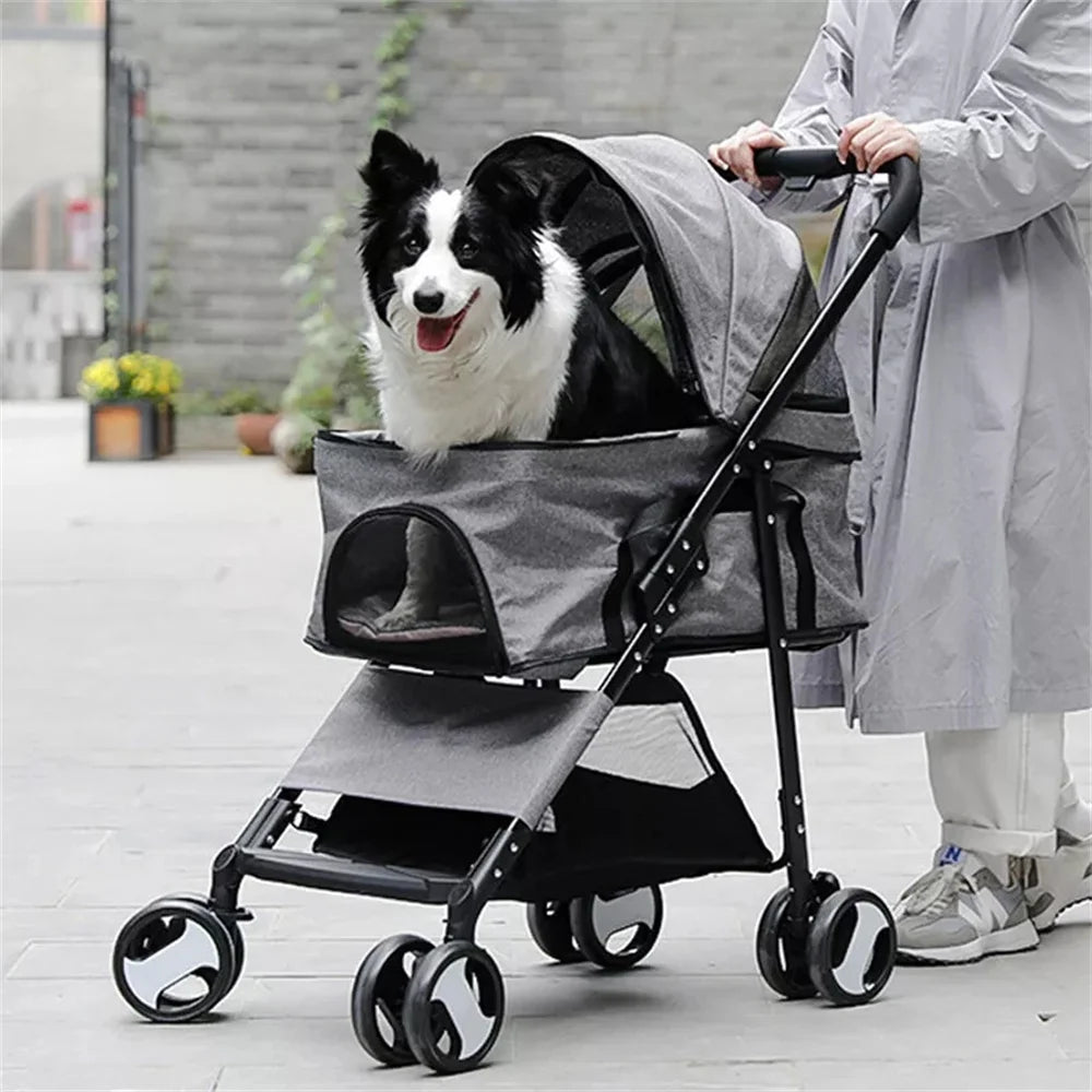 Foldable Pet Stroller Travel Carrier For Dogs And Cats With 4 Wheels And Rain Cover