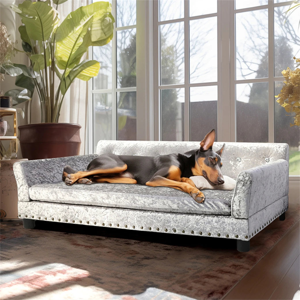 Luxury Velvet Tufted Dog Sofa Bed Large Elevated Pet Bed Upholstered Cushion Wooden Frame Couch