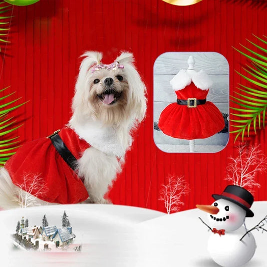 Christmas Dog Coat Dress Red Skirt Bow Warm Holiday Costume