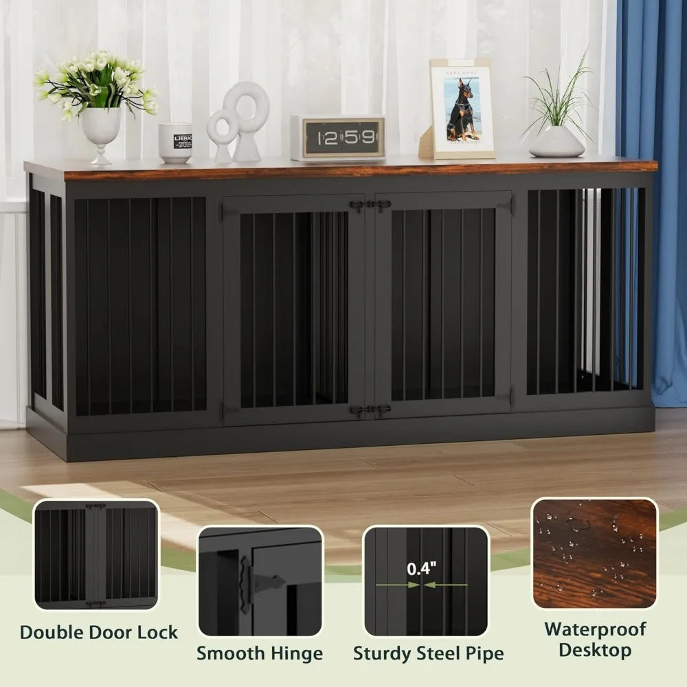 71 Inch Wooden Double Dog Crate Furniture For Large Breeds