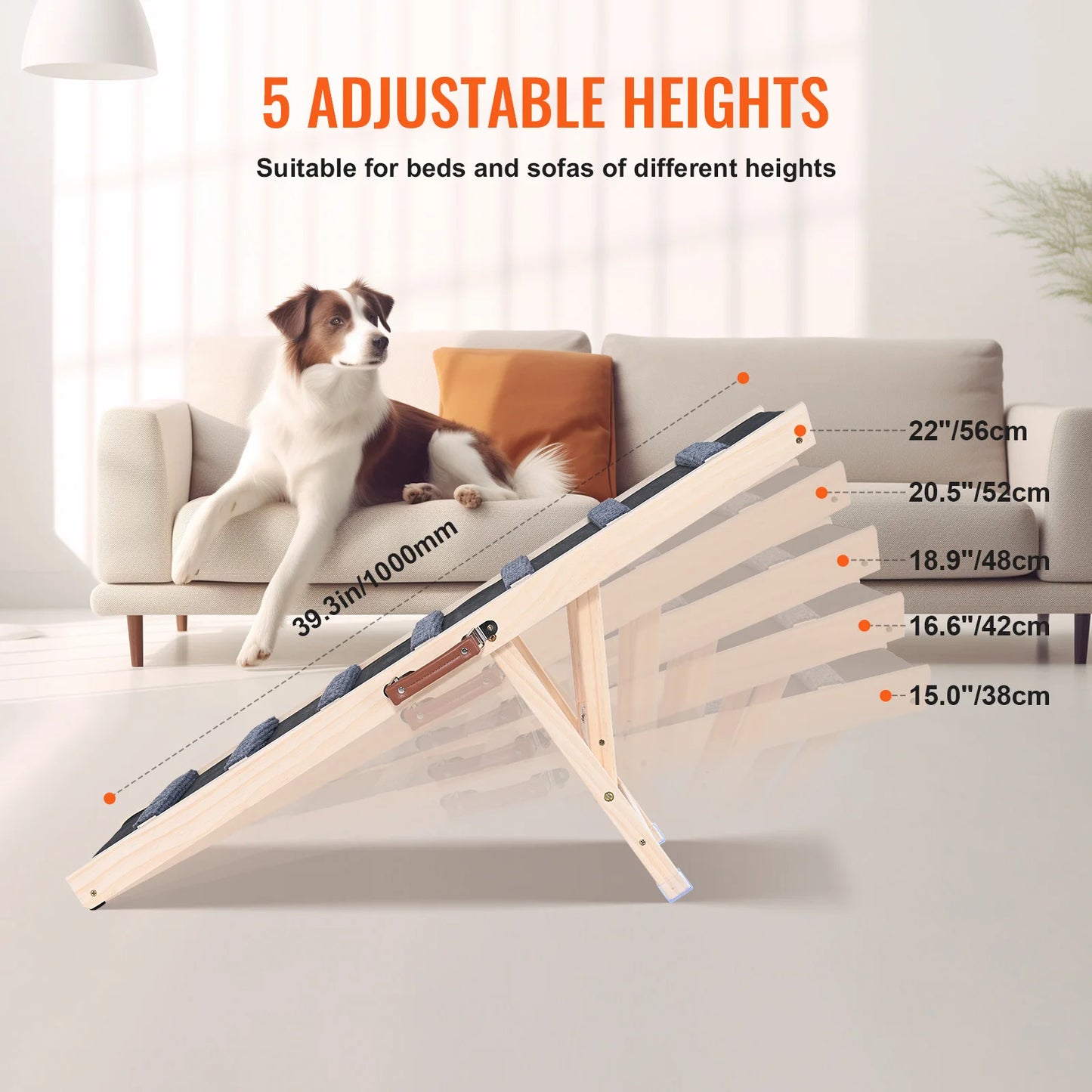 SucceBuy Dog Ramp Folding Ladder Anti Slip Adjustable Height Wooden Pet Ramp Removable For Small And Old Dogs