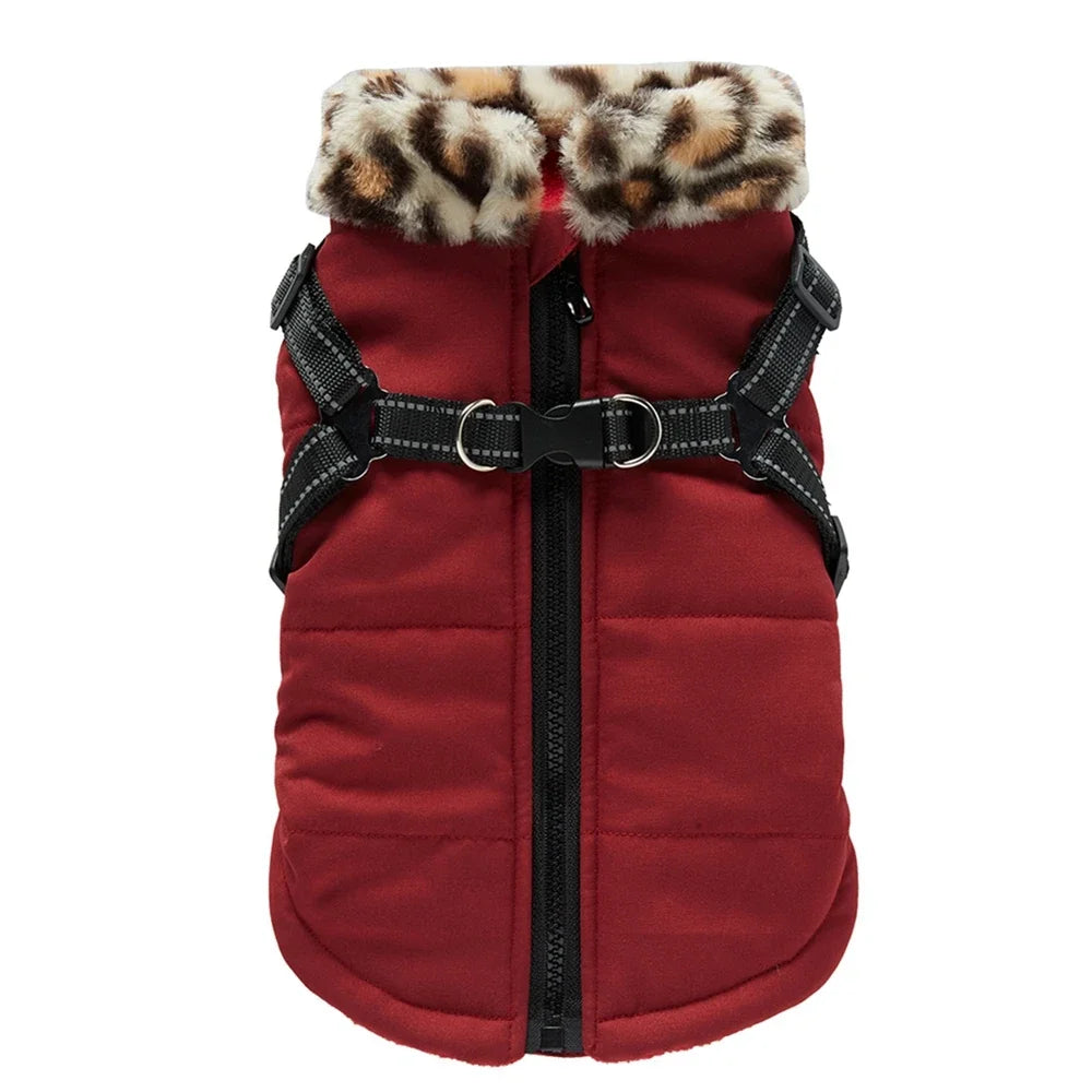 Winter Warm Dog Jacket With Harness Fur Collar For Dogs