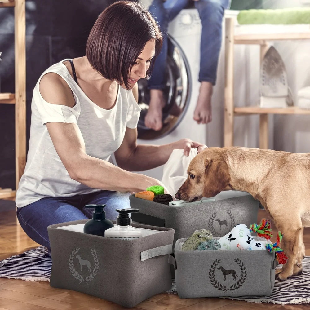 Linen Dog Storage Bins Set of 3 Eco-Friendly Pet Organizers for Toys Treats Leashes Collars Medicine and Grooming Tools