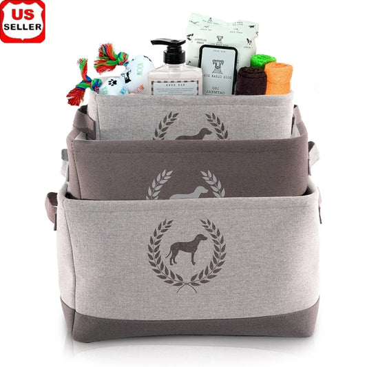 Linen Dog Storage Bins Set of 3 Eco-Friendly Pet Organizers for Toys Treats Leashes Collars Medicine and Grooming Tools