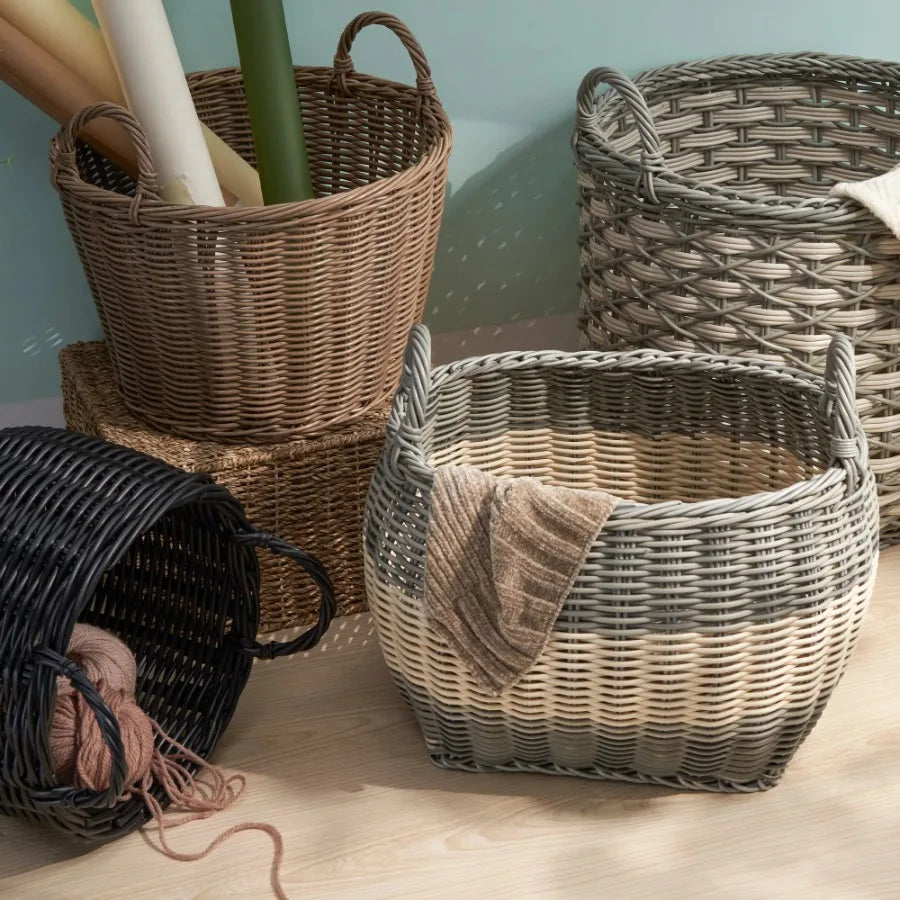 Zita Oval Resin Woven Wicker Multi Use Storage Basket with Handles 18 Inch x 15 Inch x 15 Inch White Gray for Towels Toys Magazines