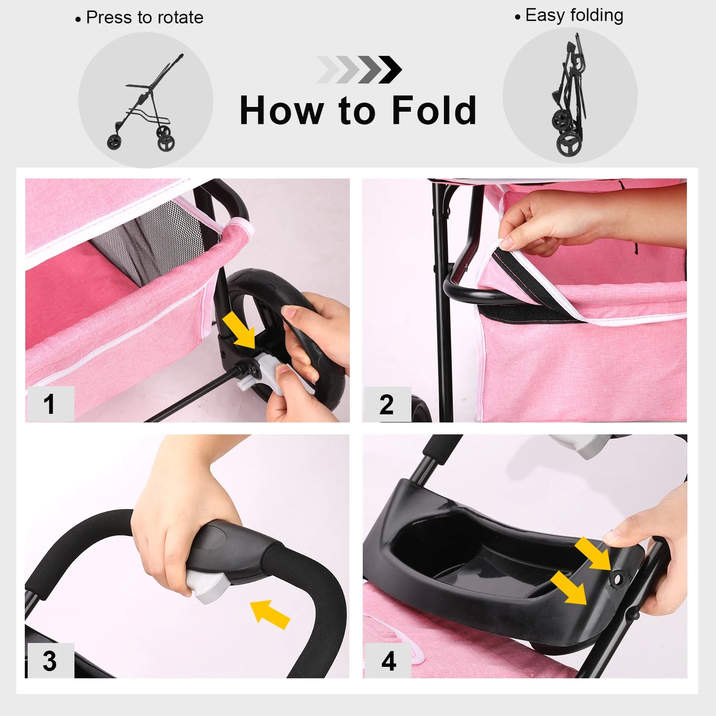 Three Wheel Foldable Pet Stroller For Dogs And Cats With Storage Basket And 360 Degree Swivel Handle