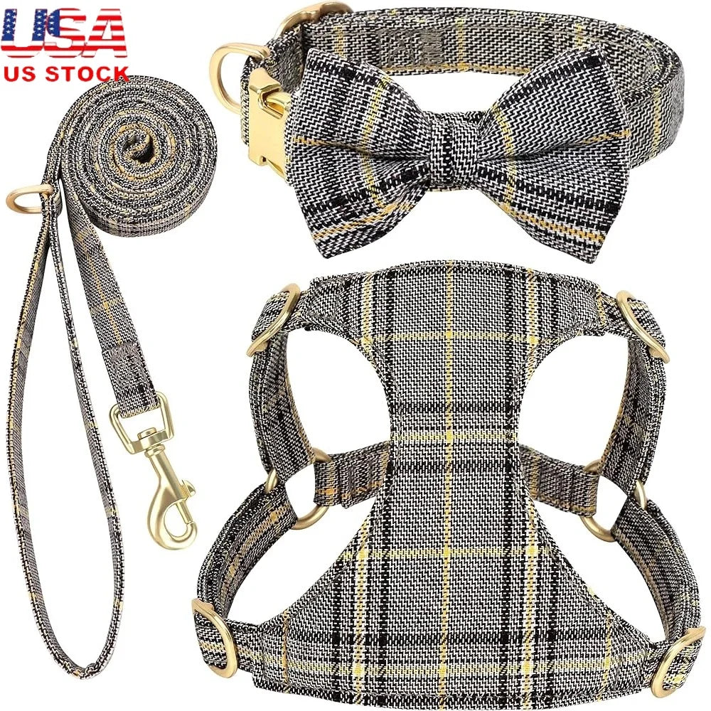 Cute Small Dog Harness Set Adjustable Soft Plaid Pet Collar Leash Bowtie for Puppies Walking Parties Comfort and Durability