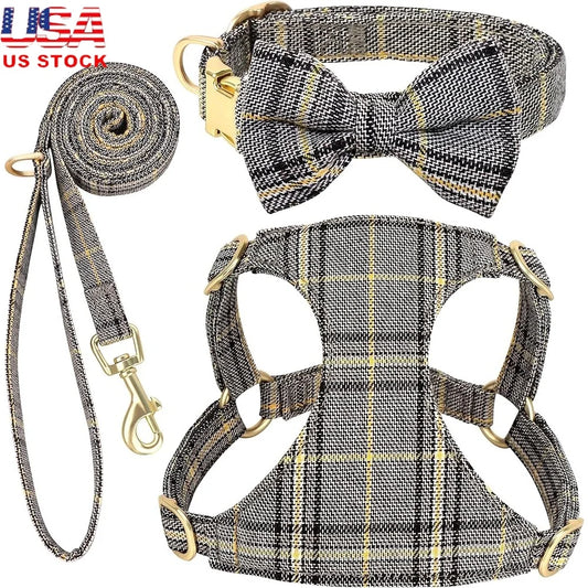 Cute Small Dog Harness Set Adjustable Soft Plaid Pet Collar Leash Bowtie for Puppies Walking Parties Comfort and Durability