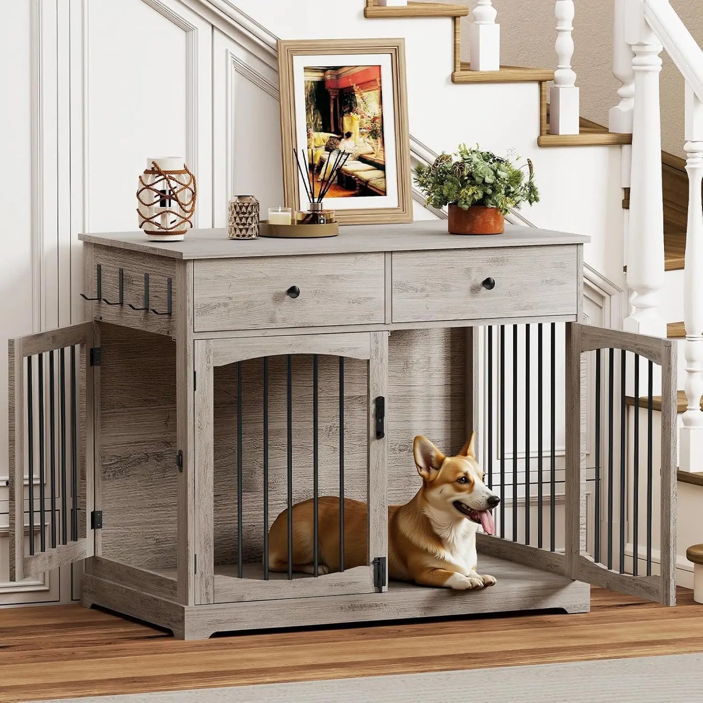Wooden Dog Crate End Table Furniture With Storage Drawers And Double Doors Heavy Duty Kennel