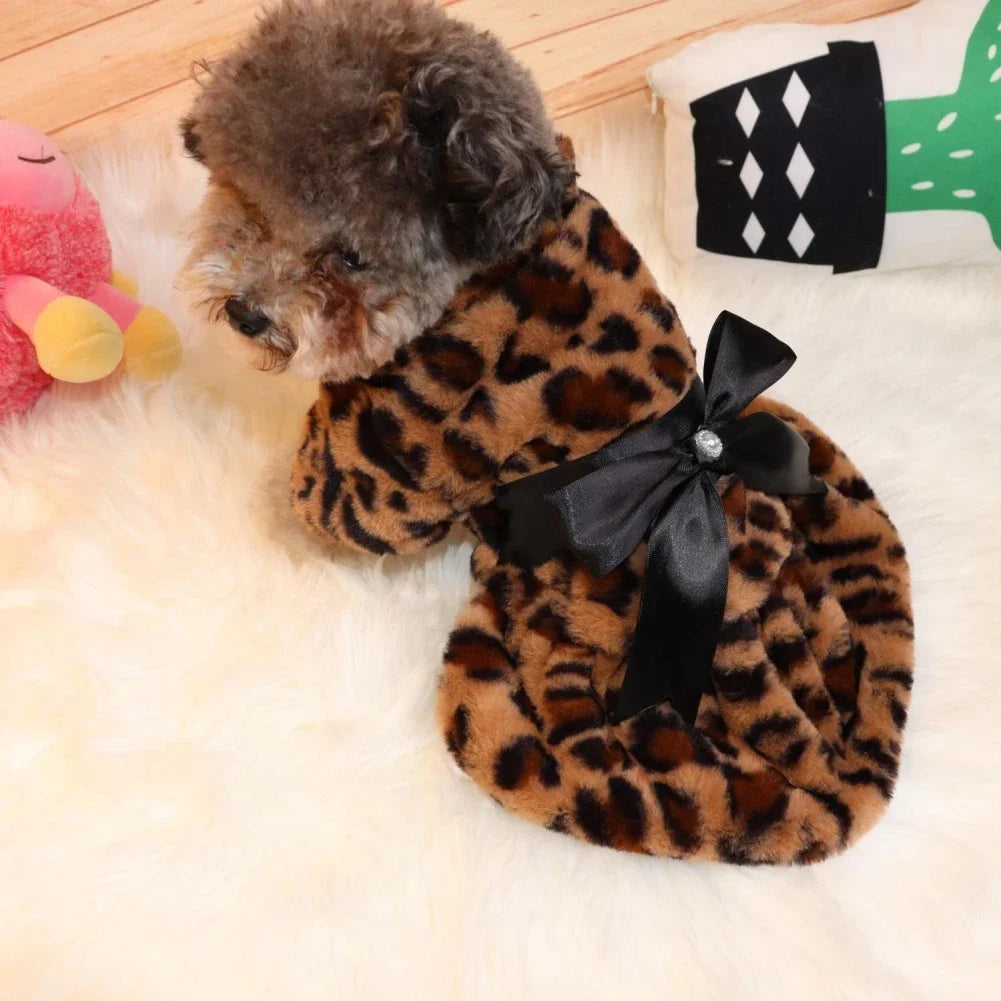 Winter Dog Dress Fleece Leopard Print Bow Plush Skirt