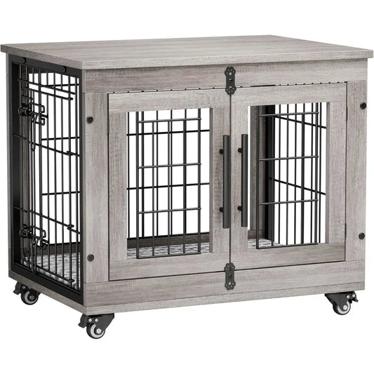 Indoor Wooden Dog Kennel With Cushion And Wheels End Table