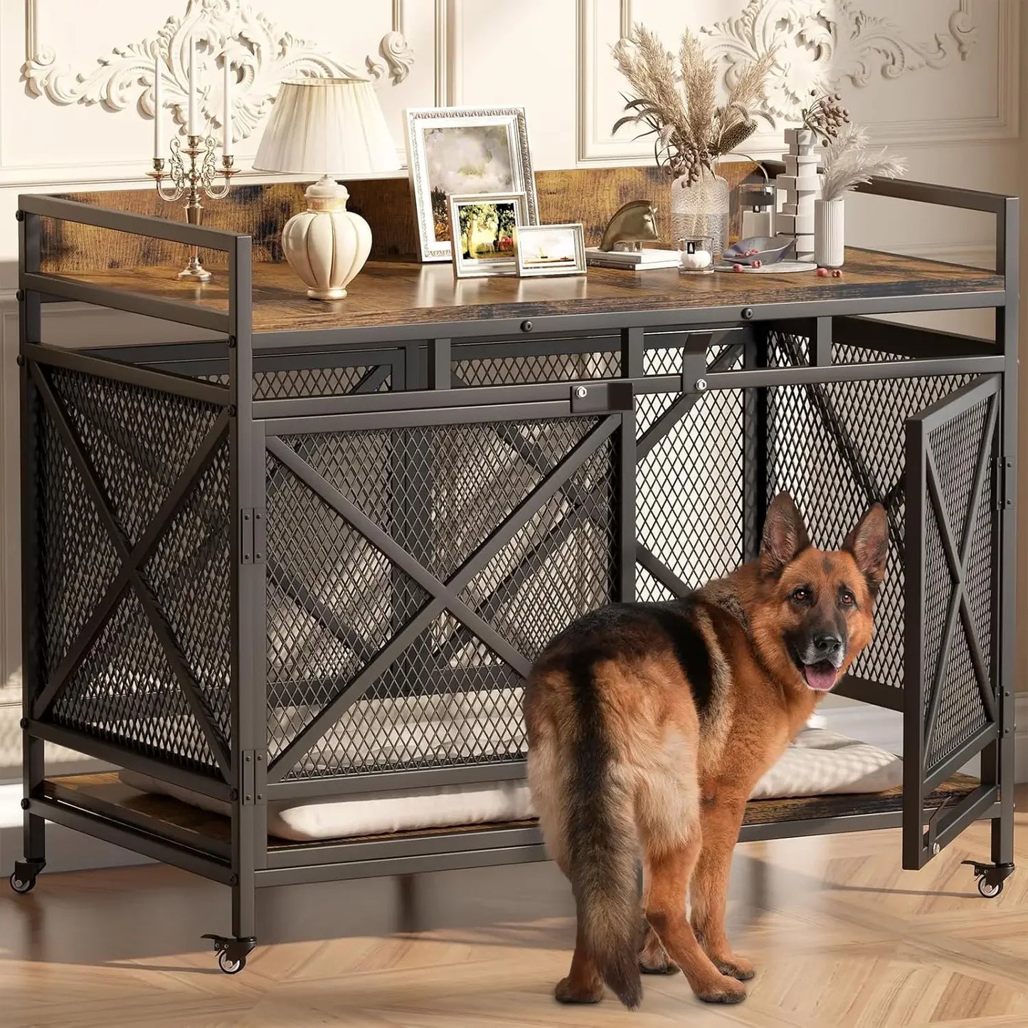 Large Dog Crate Furniture 48 Inch Heavy Duty Kennel Wheels
