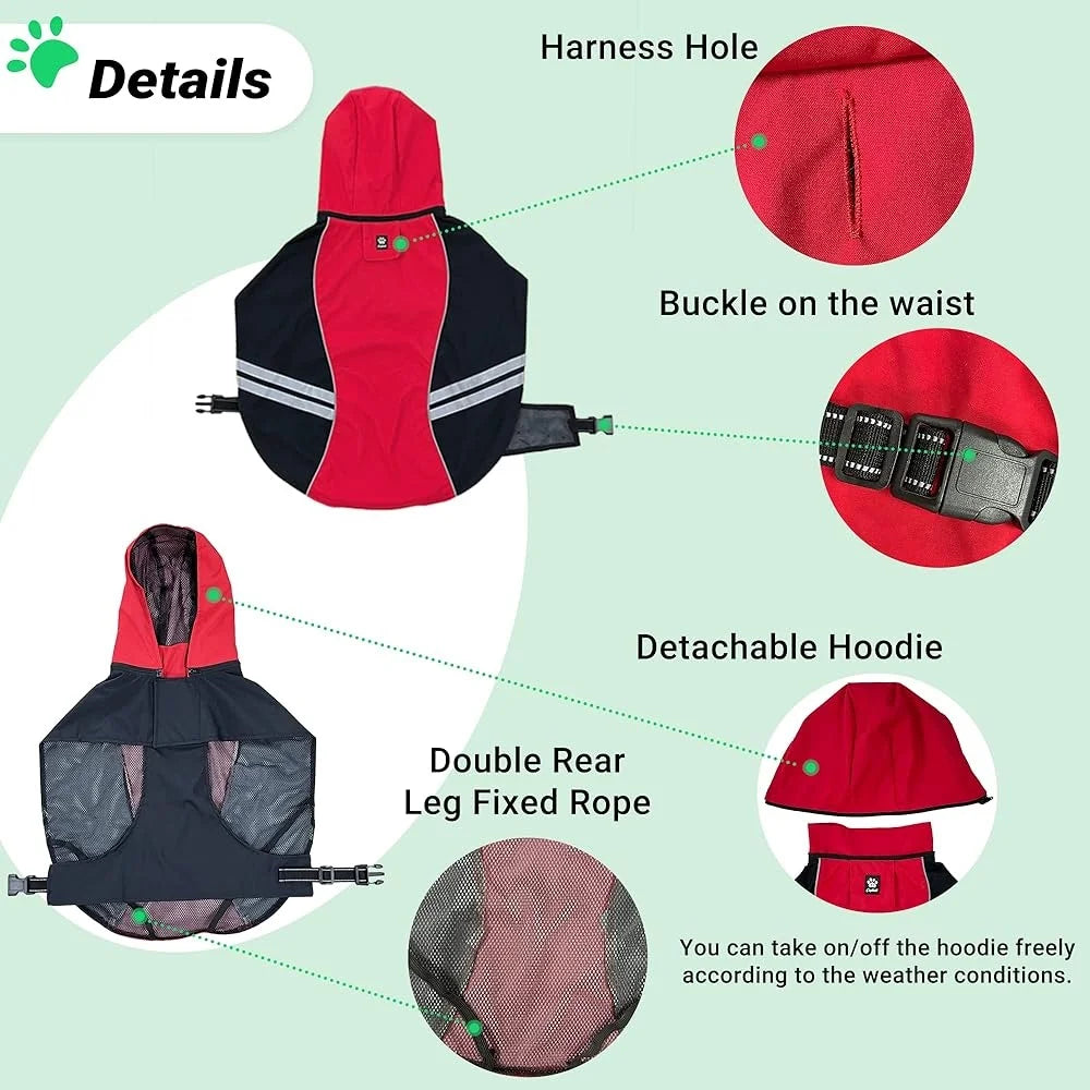 Dog Raincoat Waterproof Full Body Jacket with Reflective Straps Lightweight Hooded Rainwear for Medium and Large Dogs Safety for Outdoor Hiking