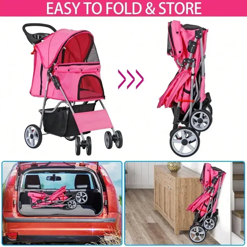 Foldable Carrier Strolling Cart 4 Wheel Pet Stroller, for Cat, Dog w/ Cup Holder